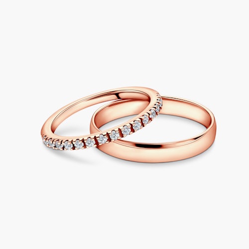 Obrączki ślubne The Light: różowe złoto, diamenty, półokrągłe, 1,5 mm i 3,5 mm